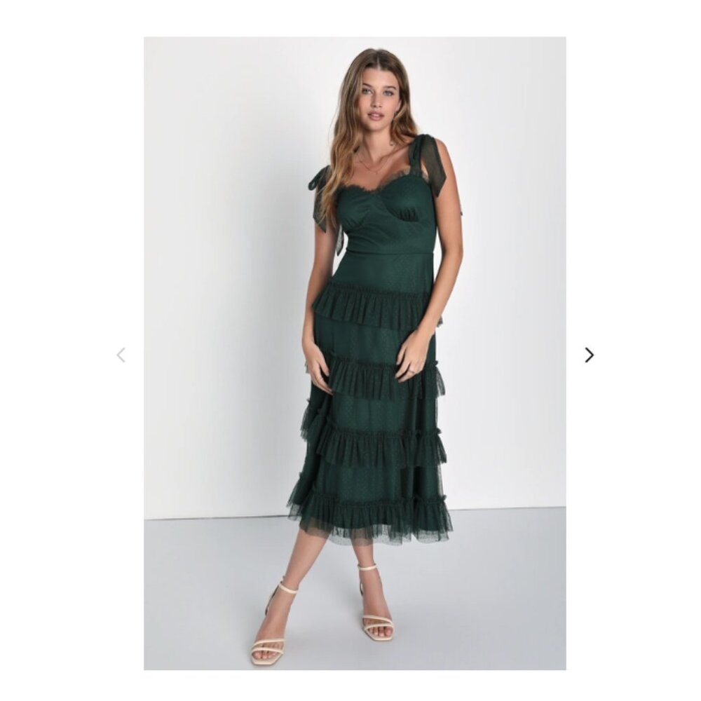 Lulus Tier For Romance Emerald Tiered Swiss Dot Tie-strap Midi Dress Green